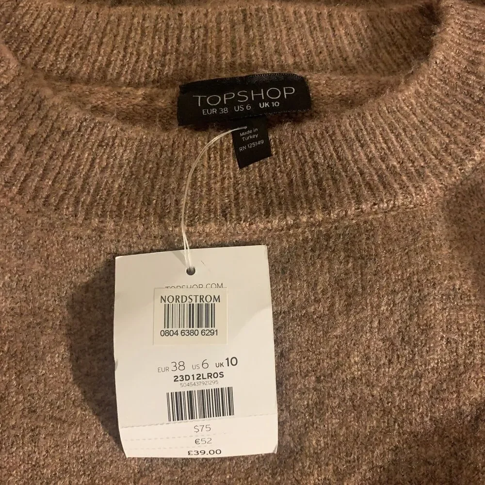 Topshop Oversized Sweater Sz 6 Dusty Rose‎ Pink Puff Sleeves  NWT Cozycore